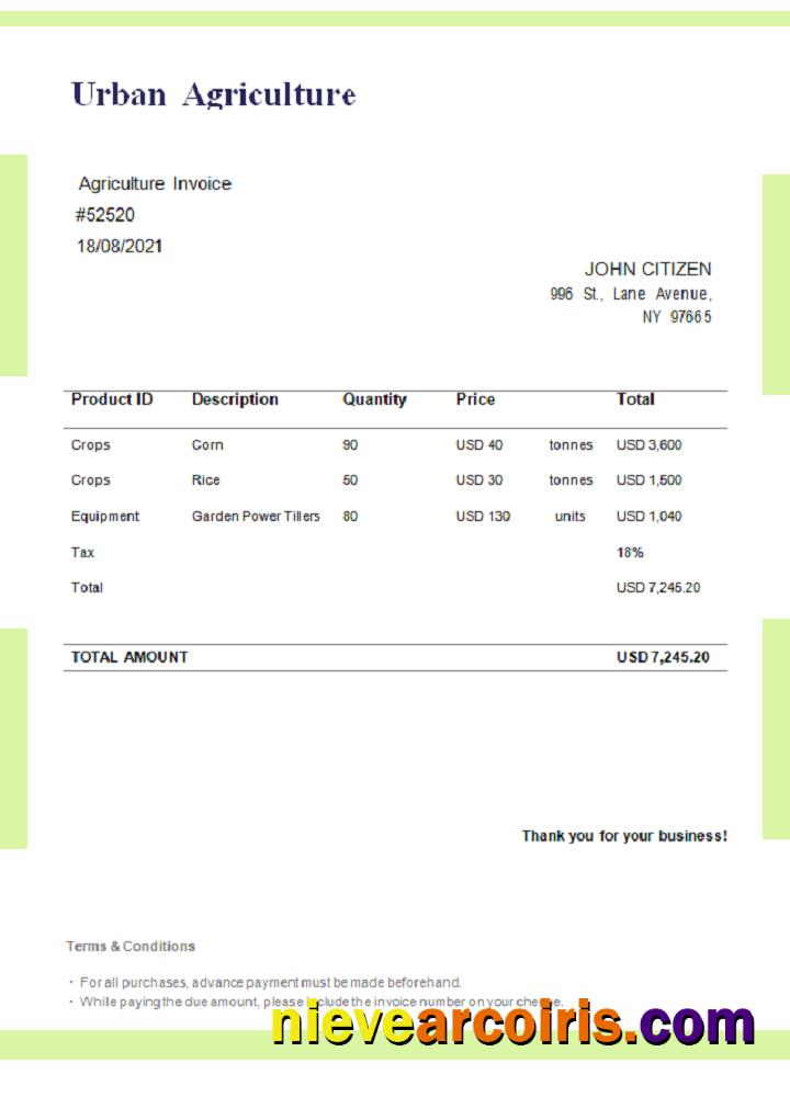 USA Urban Agriculture invoice